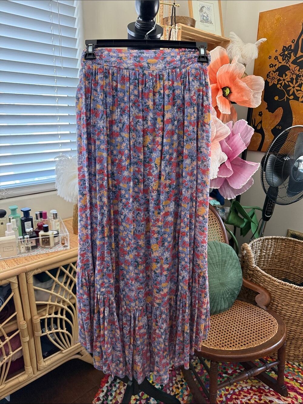 Free People Multi Watercolor Bloom Floral Smocked Boho Hippie Midi Maxi Skirt